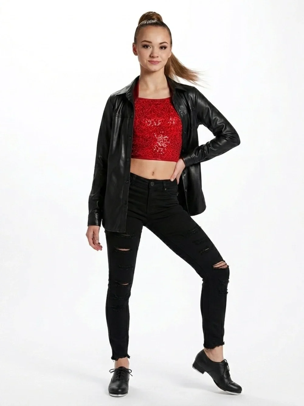 Balera 3Pc Hip Hop Dance Costume Faux Leather Jacket Sequin Top Jeans MC